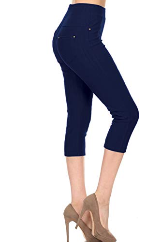 Leggings Depot Women's Cotton Blend Stretch Pull-on Capri Jeggings with Pockets-J04-CA-2X3X-DENIMBLUE