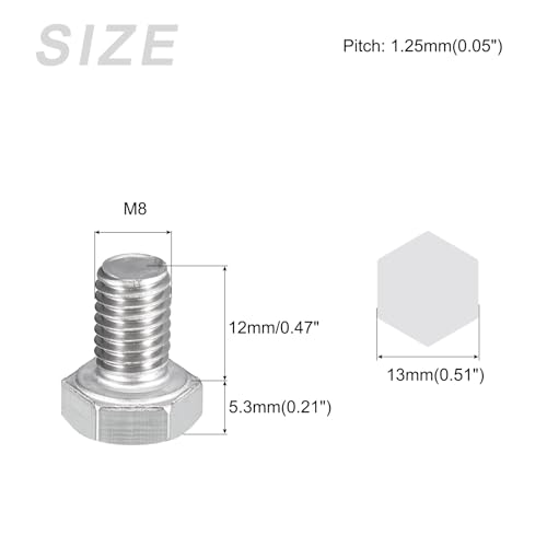 Image of METALLIXITY Hex Bolts (M8-1.25x12mm) 25Pcs, 304 Stainless Steel Coarse Fully Threaded Hex Head Screw Bolt Machine Screws - for Furniture Repair, Silver