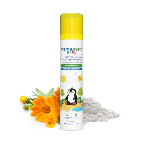 Image of Mamaearth Baby Rich Moisturizing Ultra Light Sunscreen - 50g | SPF 50 & PA++++ | Water Resistant | Lightweight & Moisturizing | Suits all Skin Type | Safe For Babies | Dermatological Tested | Hydrating Sun Protection