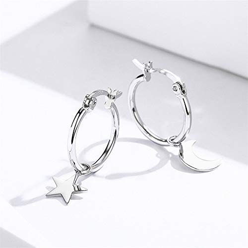 Asymmetrical Star Moon Dangle Hoop Earrings For Women Teen Girls S925 Sterling Silver White Gold Plated Charms Tiny Star Crescent Moon Drop Dangling Polished Cartilage Leverback Earrings Cute Jewelry #TOP4