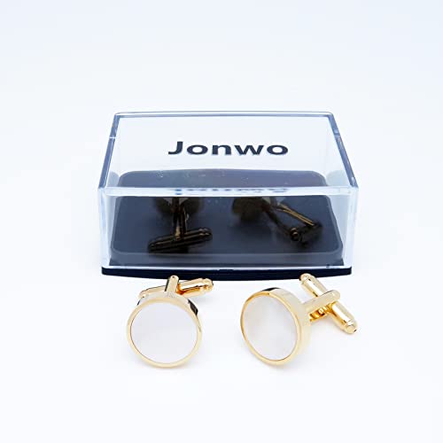 Jonwo One Pair Mother Of Pearl Men's Cufflinks In Gift Box Round Cuff Links For Business Wedding Anniversary Dress (Golden Cufflinks) #TOP5