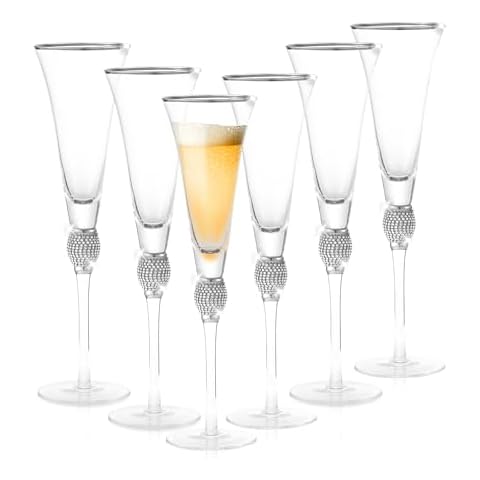 BERKWARE Premium Champagne Trumpet Flutes - Crystal Champagne Glasses with Silver Rim & Silver Dazzling Rhinestone Design - 9oz each (Set of 6) Cover
