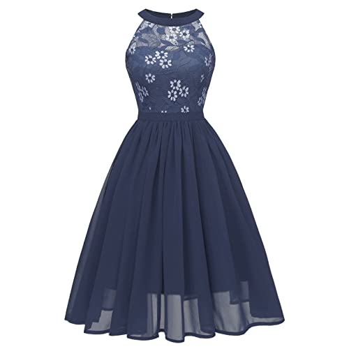 LOSSLO Damen Abendkleid Kurz Neckholder Chiffon Spitzen Kleid Elegant Minikleid Sexy A-Linie Kleider Knielang Chiffonkleid Swing Partykleid High Waist...