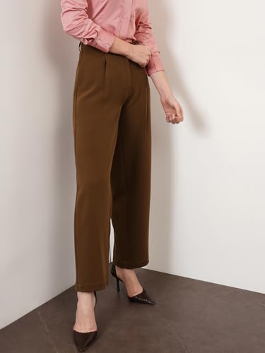 Image of FableStreet Women's Formal Trousers | High-Rise Pleated Wide-Leg Design | Solid Pattern with Plain Weave | Comfortable Office Wear for Business Meetings & Formal Events