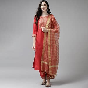 Image of INDO ERA Women's Cotton Blend Yoke Design Straight Kurta with Pant & Dupatta Set