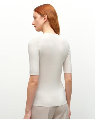 Image of KVSS Women's V-Neck Ribbed Knit Short Sleeve Cardigan, 70% Cashmere 30% Silk Lightweight Luxury Spring Summer Sweater