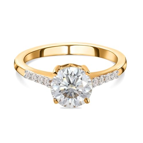 TJC Moissanite Solitaire Ring for Women in Yellow Gold Plated 925 Sterling Silver Prongs Setting Size L