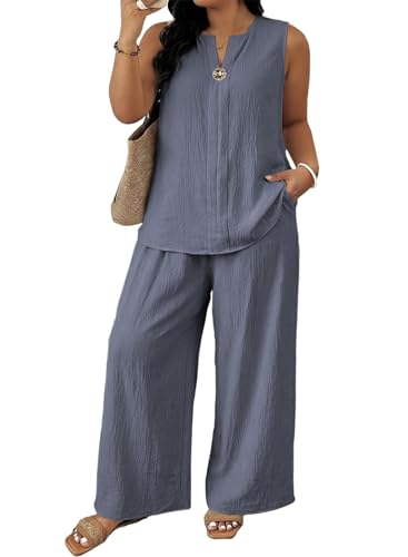 Eytino Plus Size Two Piece Outfits for Women Sleeveless Tops Wide Leg Pants Sets Summer Travel Vacation Outfits 3X Sleet