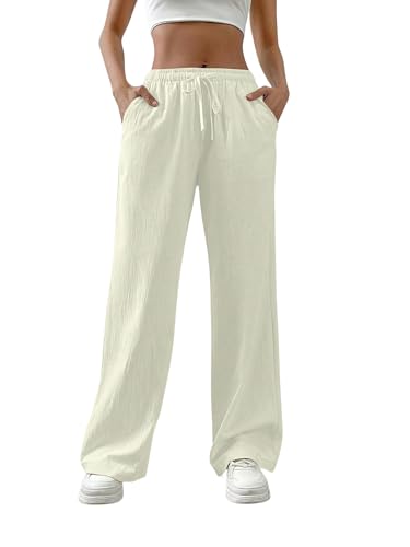 Image of TOPLOT Women's Linen Blend Wide Leg Palazzo Pants | Elastic Drawstring Waist Trousers for Woman | Relaxed Fit Casual Lounge Trousers | Breathable Straight Leg Everyday Bottom Wear (5268)