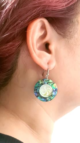 Paua Abalone Shell Earrings, Hand Carved Flower Mother of Pearl Earrings, Dangle Drop Round Abalone Shell Earrings for Women Jewelry CA1384