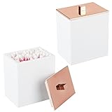 mDesign Modern Square Bathroom Vanity Countertop Storage Organizer Canister Jar for Cotton Swabs, Rounds, Balls, Makeup Sponges, Bath Salts - 2 Pack - White/Rose Gold