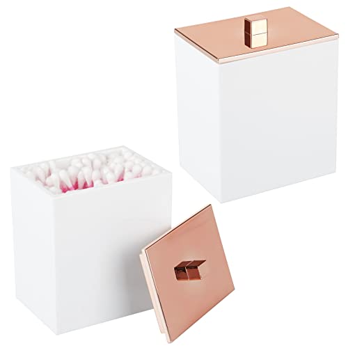 mDesign Plastic Square Apothecary Jar Storage Organizer Holder for Bathroom Vanity Countertop Shelf Decor - Cotton Swabs, Soap, Makeup, Bath Salts - Lumiere Collection - 2 Pack - White/Rose Gold