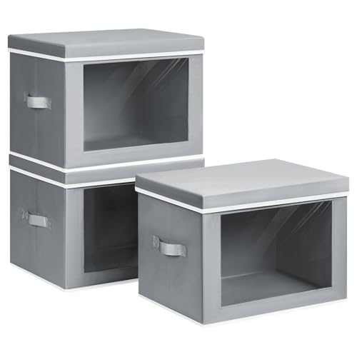 Image of Homsorout Storage Bins with Lids, 3 Pack Large Storage Cubes with Window, Closet Bins with Lids & Handles, Fabric Box for Organizing Clothes, Towels, Books, Grey