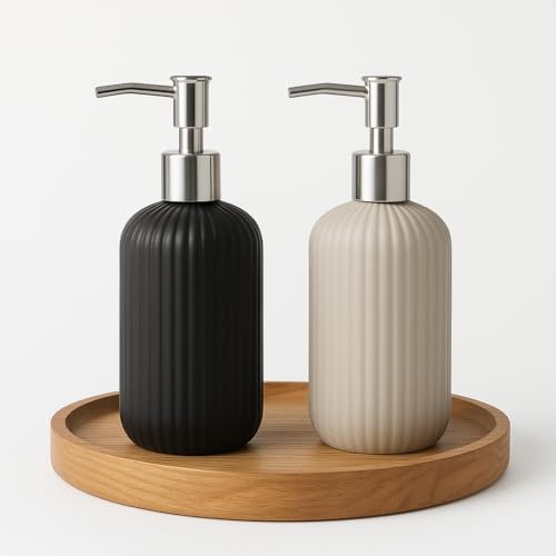 Image of LAGET 300ml Soap Dispenser for Wash Basin -Ribbed Design | Kitchen and Bathroom Accessories Items | Liquid Handwash Dispenser Bottle Chrome Finsih Top- Set of 2 (Black and Grey)