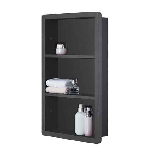 IDYLLOR Recessed Medicine Cabinet No Mirror - 14x24 Bathroom Storage Wall Cabinet with 2 Shelves 304 Stainless Steel Shower Niche Matte Black Waterproof for Bathroom Toilet Vanity