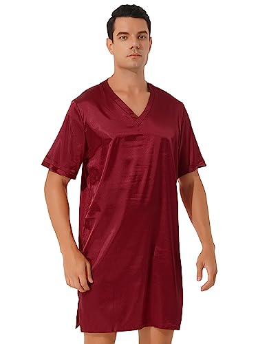ACSUSS Men's Silk Sleepwear Satin Nightshirt Short Sleeve V Neck Nightgown Night Shirts Loose Lounge Sleep Shirt
