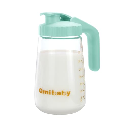 Qmibaby 34oz Breast Milk Pitcher Breast Milk Storage Containers for Fridge Breastfeeding Essentials with Sealing Ring No Leak Glass Pitcher with Handle and Lid for Ice Tea Juice (Green)