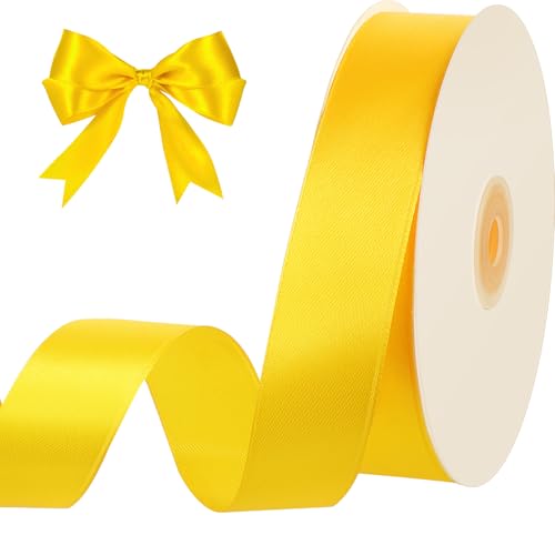 Image of woric Yellow Ribbon 1 Inch 50 Yards Fall Satin Ribbon | Gift Wrapping Baskets Bows Bouquet Crafts Fall Decor Harvest Party