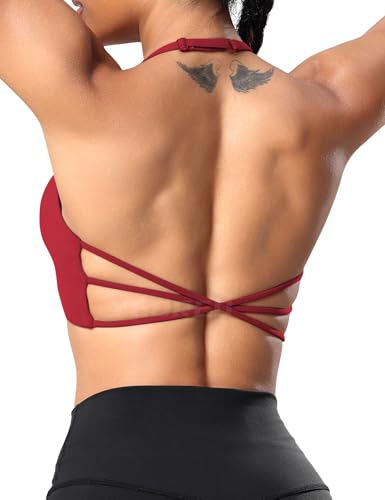 Image of YEOREO Women's Sports Bra Halter Workout Sports Bra Strappy Criss Cross Back Bra Removable Padded Yoga Crop Top