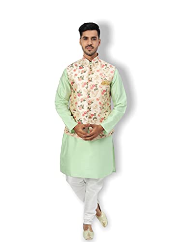 Image of Uri and MacKenzie Men's Silk Blend Regular Kurta Churidar Pyjama with Bundi Nehru Jacket /Waistcoat