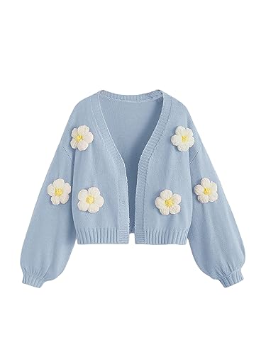 Girl's Appliques Long Sleeve Cardigan Open Front Drop Shoulder Sweater Cute Knit Outerwear