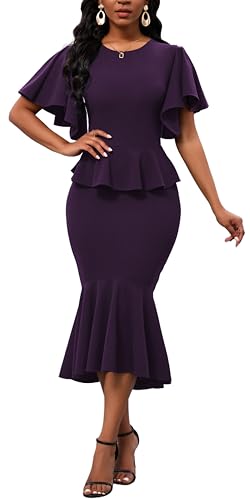 Image of Womens Summer Ruffle Short Sleeve Fishtail Dress Evening Cocktail Formal Peplum Midi Mermaid Dresses Elegant