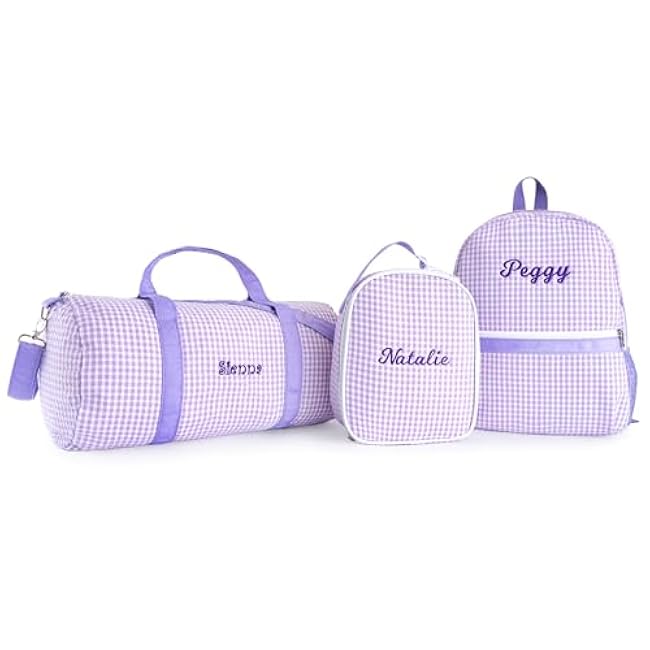 MT WORLD Daycare Backpacks with Lunch Boxes Set,Personalized Checkered Backpacks and Lunchboxes,Travel Daypack with Lunch Bag,Purple Checkered Daypack Lunchbags Set