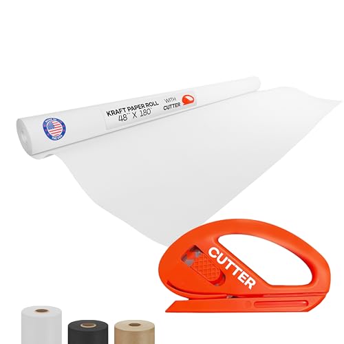 Image of White Kraft Paper Roll 48 inch x 2160 inch (180 feet) with Cutter - USA-Made | Quality Paper 50lb Thickness for Wrapping, Packing, Moving, Shipping, & Crafts /Arts - Natural Kraft Material by IDL Packaging