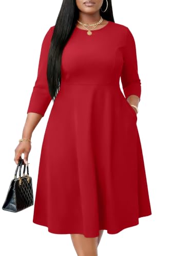 Image of Runwind Women's Plus Size Midi Dress Classy High Waist Wedding Guest Dress Casual Crew Neck 3 /4 Sleeve A-Line Swing Dresses