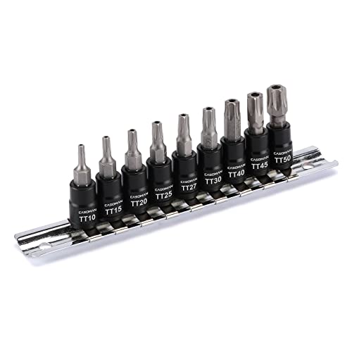 Casoman 1/4" Drive Hex Bit Socket Set, 9-Piece Security Star Bits, Allen Bit Socket Kit, Tt10-Tt50,Cr-V&S2 Steel, Includes Storage Rail #TOP18