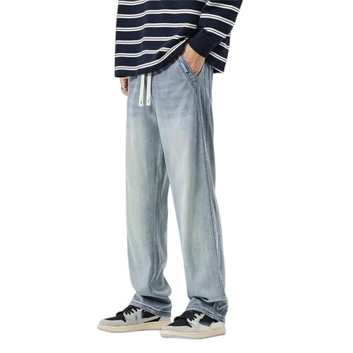 Men's Summer Jeans Thin Soft Elastic Waist Loose Straight Denim Pants Casual Plus Size Trousers