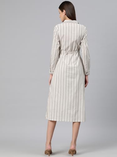 Image of Cottinfab Women Beige and White Striped Cotton Shirt Midi Dress Long Sleeves