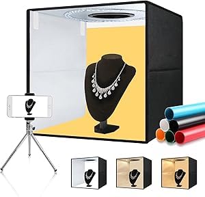 OBEST 16"x16"/40cm Light Box Photography, Portable Photo Studio Box for Small Product Photography, High CRI?95 6500K 20W with 6PVC Backdrops & Diffuse Cloth & 112 LED Lights Dimmable (White,Soft,Warm…