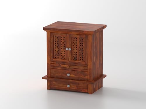 Image of Wudniture Solid Sheesham Wood Handcrafted Pooja Mandir /Temple for Home & Puja Room with Drawer & Tray | Wooden Pooja Ghar Furniture (Natural Finish)