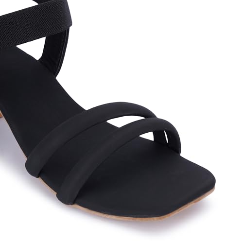 Image of SKOLL Women's Low Block Heel Strappy Sandals, Comfort Elastic Ankle Strap Open Toe Heeled Sandals, Casual Dressy Walking Sandals with Dual Front Straps