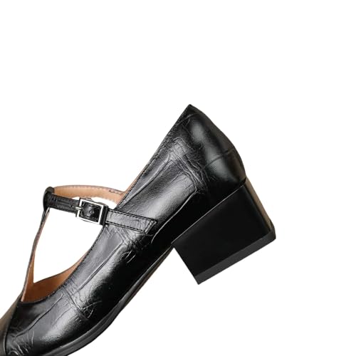 TinaCus Handmade Women's Genuine Leather Pointed Toe T-Strap Buckle Chunky Heel Mary Jane Pumps3