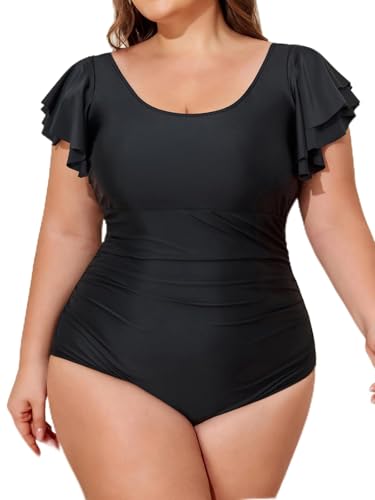 Smismivo Plus Size one Piece Swimsuit for Women Cap Sleeve Bathing Suit Retro Tummy Control Slimming Ruffle Swimwear