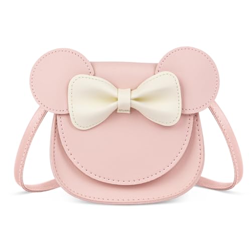 Ainiv Bolso Niña 2 3 4 5 6-12 Años, Ajustable Pu Mouse Ears Bow Crossbody Bag, Mochila Bandolera Niña con Solapa Magnética, Bolso de Mano de Mujer para Niñas, Niños, Niñas y Adolescentes (Rosa)