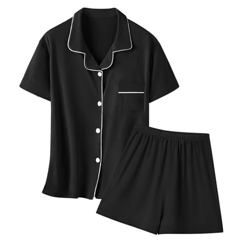 Umeyda Girls Modal Button Down Pajamas Set, 2Pj Nightwear Sleepwear for Teen Kid 2 Pcs Loungewear, Black, 11-12 Years = Tag 160