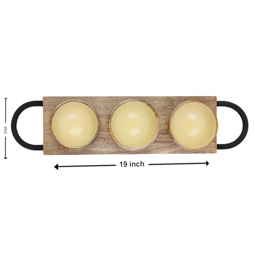 Image of Tripple Treat Snack Bowl Set with Enamel Finish & Stand | Handcrafted Wooden Serving Bowls for Snacks, Dry Fruits & Condiments | Set of 3