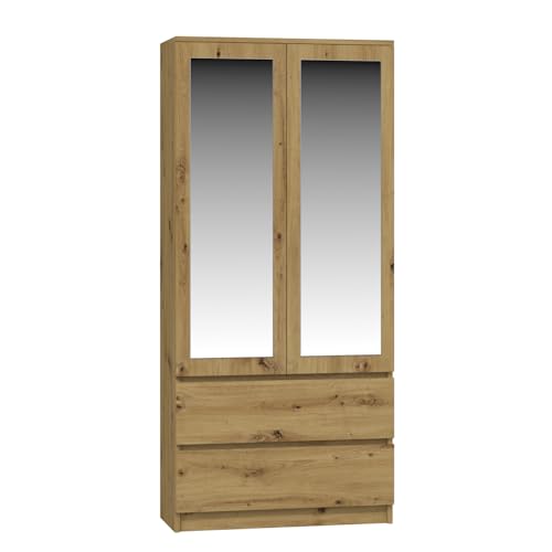 WHATSIZE ENTERPRISE Mirrored Wardrobe with Drawers - Double Closet for Bedroom - 2 Door Wardrobe with Drawers, Shelves and Hanging Rail - Modern Bedroom Furniture, Artisan