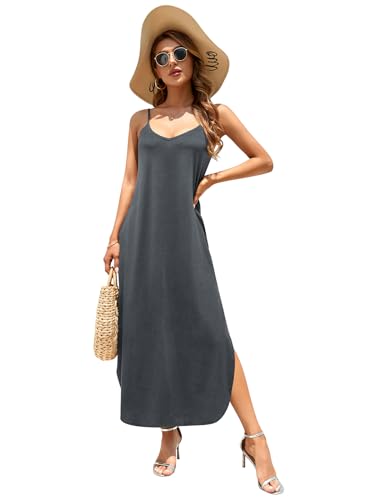 Image of HUSKARY Women's Summer Casual Sleeveless V Neck Strappy Split Loose Dress Beach Cover Up Long Cami Maxi Dresses with Pocket