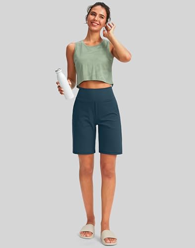 Image of SANTINY Women's 9 inch High Waisted Bermuda Shorts with 4 Pockets Knee Length Long Shorts for Women Workout Athletic Casual