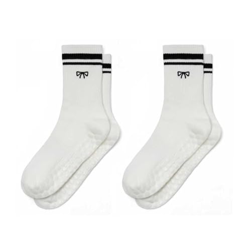 Image of Non-Slip Pilates Yoga Socks for Women Cotton Crew Striped Bow Embroidery for Barre Ballet Dance Workout