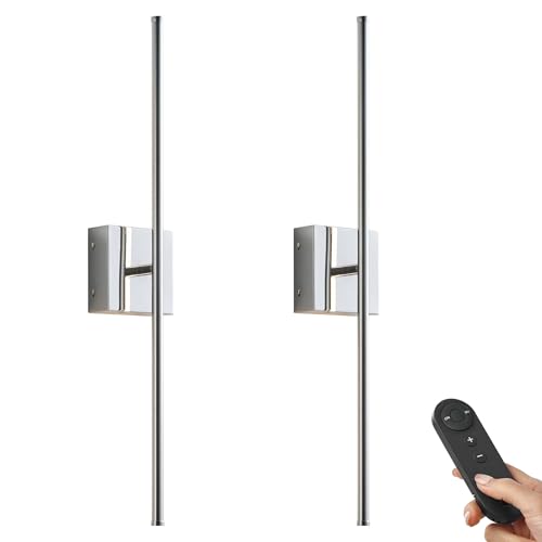 Image of KARTOOSH 32.2 Inch Wall Sconces Battery Operated for Living Room Chrome | Rechargeable Wireless Wall Lamp Set of 2, 3000K Warm White Dimmable Wall Light Remote Control Indoor Lighting for Bedroom