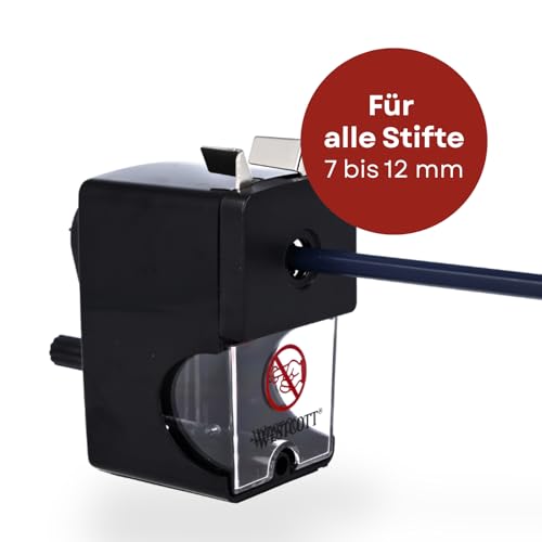 Westcott Spitzmaschine mit Kurbel | Manueller Anspitzer für Stifte 7-12mm | Spitzer mit Dose und Tischklemme | Einstellbare Spitzenform spitz oder rund | E-14216 00