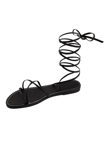GORGLITTER Women's Lace Up Flat Sandals Strappy Tie Up Open Toe Dressy Slide Sandals