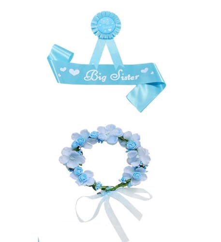 3 Pieces Big Sister Accessory Set, Include Big Sister Satin Sash, Badge Pin and Flower Crown for Baby Shower Party