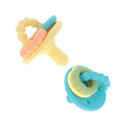 Image of Nuby Charms Silicone Infant Pacifier and Teether - 2 Pack - 0+ Months - Yellow and Blue