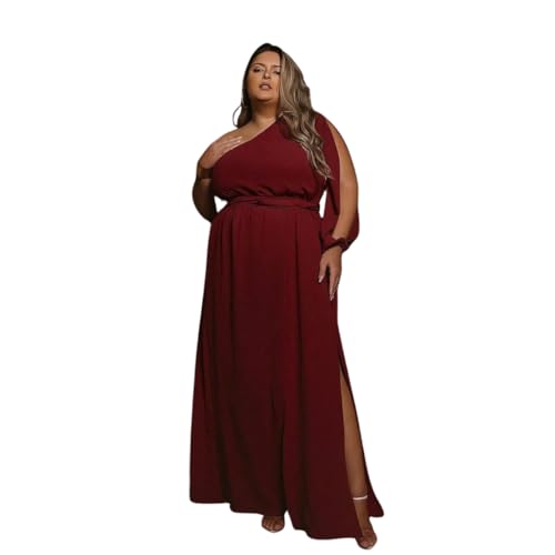 Vestido Longo Manga Única Plus Size Com Fenda e Abertura Na Manga (BR, Alfa, Único, Plus Size, Regular, G3, Marsala)